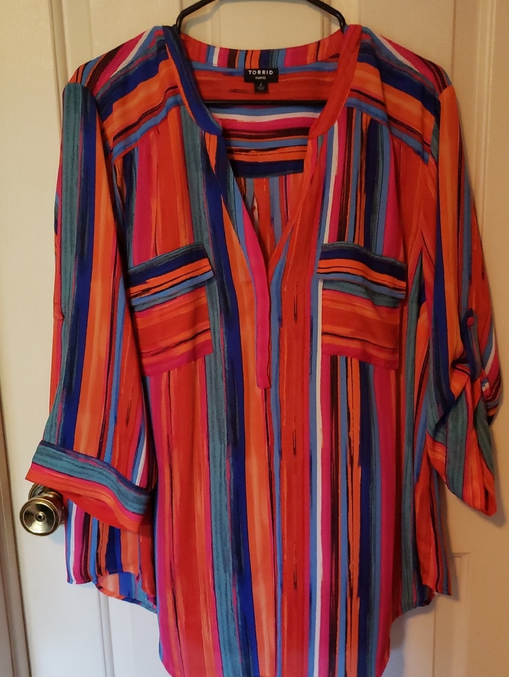 Torrid Harper Vibrant Multi-Colored Multi-Stripe V-Neck Tunic Blouse Size 2